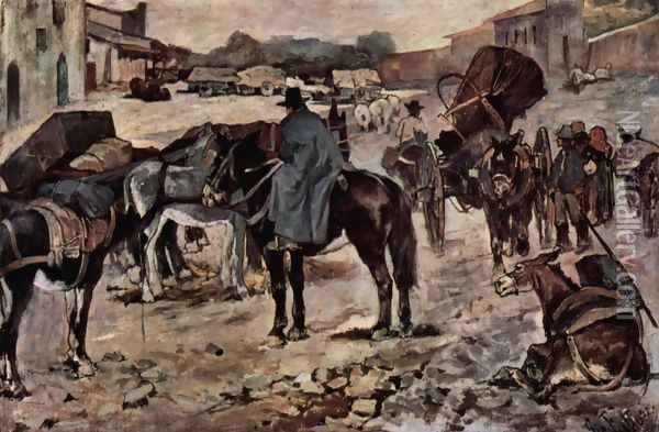 Village street with farmers, mules and dealers Oil Painting - Giovanni Fattori