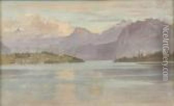 Lake View With Mouintains,
 Gouache On Paper 
- Sight: 6 In. X 10 1/4 In Oil Painting - Marcus Stone