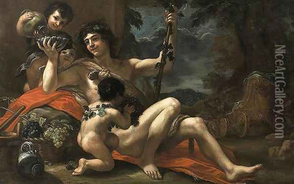 Bacchus with Attendant Putti c. 1670 Oil Painting - Baldassarre Franceschini