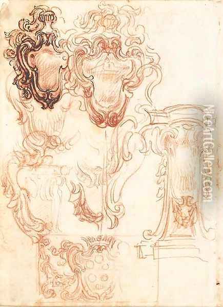 Six designs for pedestals, one bearing a bust Oil Painting - Baldassarre Franceschini