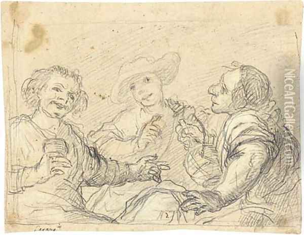 Two drinkers at a table mocking Arlotto Mainardi, who holds a flask of wine Oil Painting - Baldassarre Franceschini