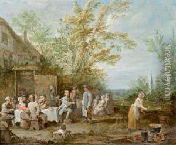 Contadini In Festa Di Fronte A Una Locanda Oil Painting - David The Younger Teniers
