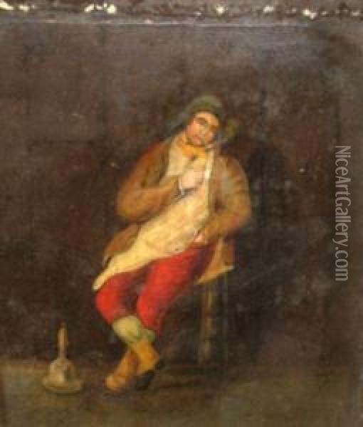 Labourer Smoking A Pipe With A Bell At His Feet Oil Painting - David The Younger Teniers
