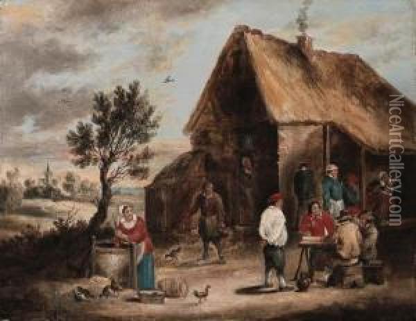Peasants Smoking And A Woman Drawing Water From A Well Outside Atavern Oil Painting - David The Younger Teniers