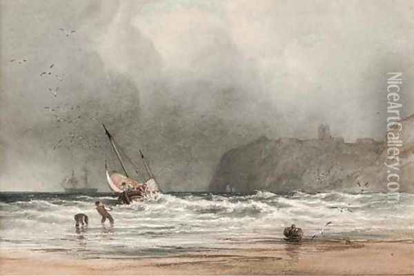Hauling in the fishing boat onto the shore Oil Painting - Anthony Vandyke Copley Fielding