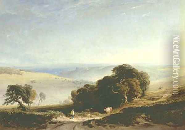 A view of the South Downs with a drover in the foreground, Arundel Castle beyond Oil Painting - Anthony Vandyke Copley Fielding