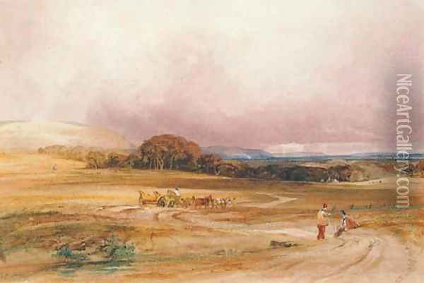 An extensive landscape with a hay-cart and figures in the foreground Oil Painting - Anthony Vandyke Copley Fielding