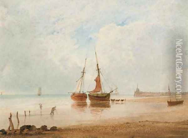 Beached fishing vessels at low tide Oil Painting - Anthony Vandyke Copley Fielding