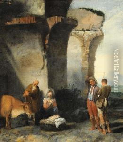 Paesaggio Con Rovine E L'adorazione Dei Pastori Oil Painting - Antonio Travi Il Sordo Di Sestri