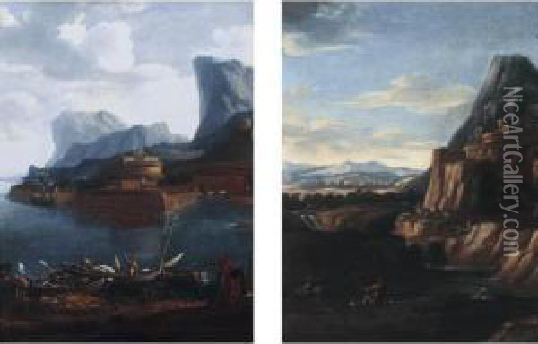 Coastal Landscapes With A 
Capriccio Of The Castel Sant'angelo, Figures In Boats In The Foreground Oil Painting - Antonio Travi Il Sordo Di Sestri