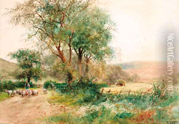 A shepherd driving sheep down a country lane with the harvesters beyond Oil Painting - Henry Charles Fox