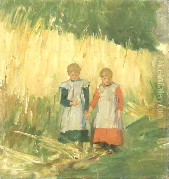 Sisters a walk through a field in summer Oil Painting - Eduard Frankfort