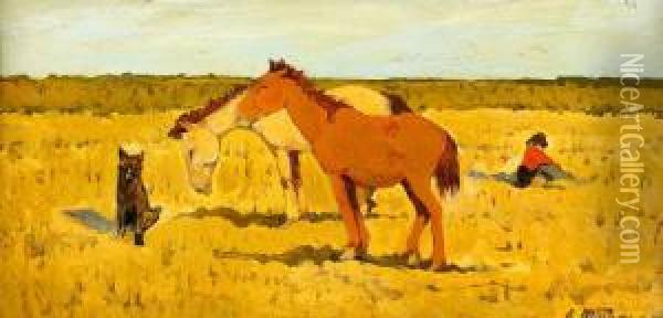 Horses In The Midday Sun Oil Painting - Leonard Viktorovich Turzhanky