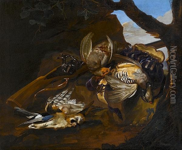 Dead Partridges With A Dead Jay 
And Sparrowhawk With Hunting Paraphernalia And An Italian Wheel-lock Gun
 In A Landscape Oil Painting - Willem Van Aelst