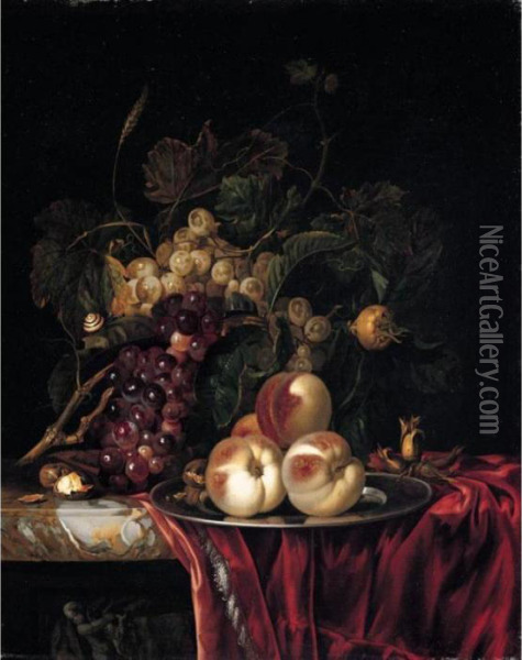 A Still Life Of Peaches On A 
Pewter Plate, Bunches Of Grapes, Walnuts And Almonds Together On A Red 
Cloth On A Stone Ledge Oil Painting - Willem Van Aelst