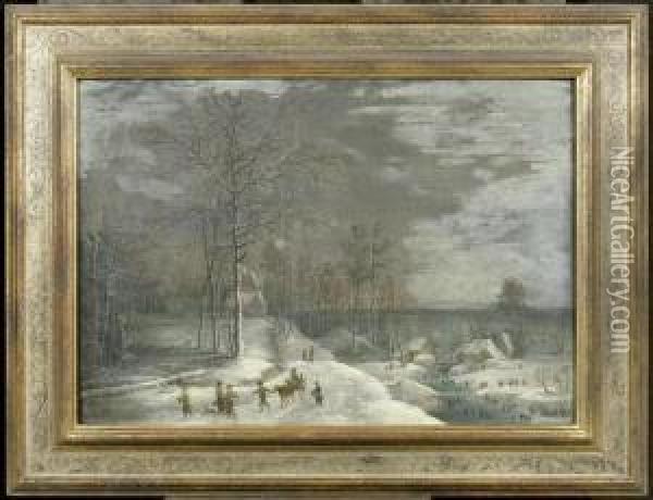 Landscape In Winter With Ice Skaters Oil Painting - Denys Van Alsloot