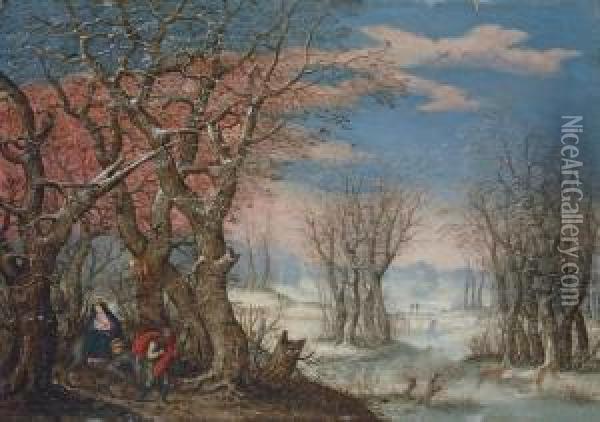 A Winter Landscape With The Flight Into Egypt Oil Painting - Denys Van Alsloot
