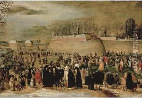 A Winter Carnival With Figures On The Ice Before The Kipdorppoortbastion In Antwerp Oil Painting - Denys Van Alsloot