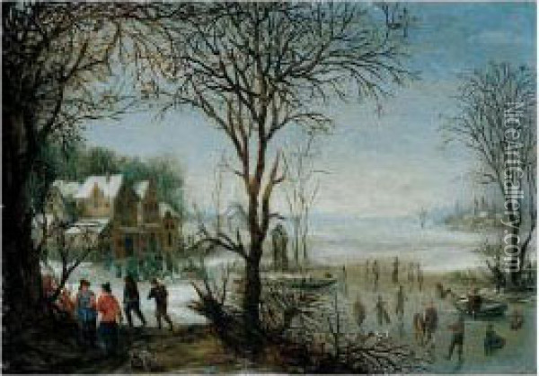 Winter Landscape With Sportsmen And Skaters Near A Village Oil Painting - Denys Van Alsloot