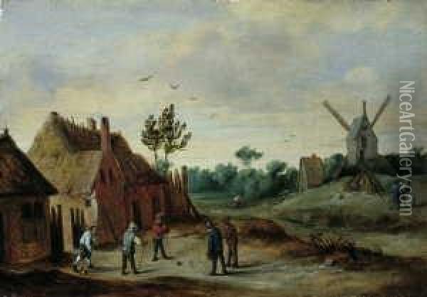 Bauern Beim Kolfspiel. Im Hintergrund Eine Windmuhle. Oil Painting - Thomas Van Apshoven