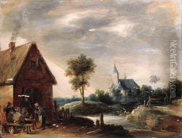 Boors Playing At Cards Outside An Inn, A Church By A Riverbeyond Oil Painting - Thomas Van Apshoven