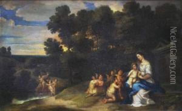 Vierge A L'enfant Avec St Jean Baptiste Et Angelots Dans Un Paysage Oil Painting - Pieter Van Avont