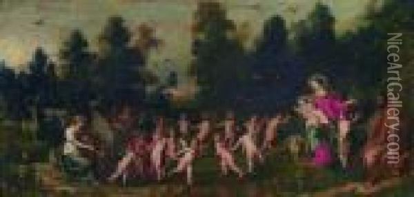 Sacra Famiglia Con San 
Giovannino, Santa Cecilia E Angeli Danzanti Nella Radura Di Un Bosco Oil Painting - Pieter Van Avont