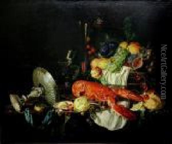 Still Life Of A Lobster And Fruit Oil Painting - Abraham Hendrickz Van Beyeren