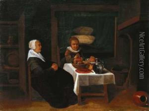 Das Mahl In Der Stube. Oil Painting - Quiringh Gerritsz. van Brekelenkam