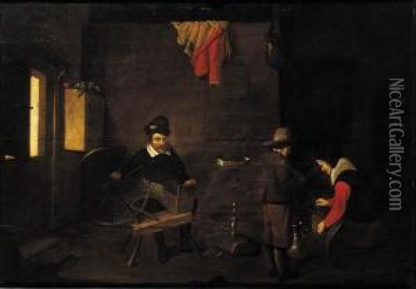 A Man At The Spinning-wheel In An Interior Oil Painting - Quiringh Gerritsz. van Brekelenkam