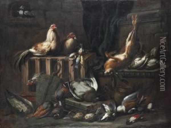 A Dove, Cockerels, Hare, Duck, 
Woodpecker And Other Game Birds By A Partly-draped Classical Building Oil Painting - Jacob van der (Giacomo da Castello) Kerckhoven