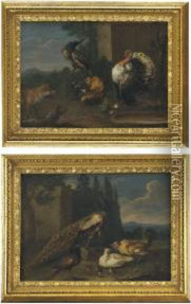 A Peacock, A Peahen, A Hen And A
 Cockerel With Chicks In An Italianate Landscape; And A Turkey, A 
Cockerel And A Peacock Near A Water Tray With A Fox In A Landscape Oil Painting - Jacob van der (Giacomo da Castello) Kerckhoven