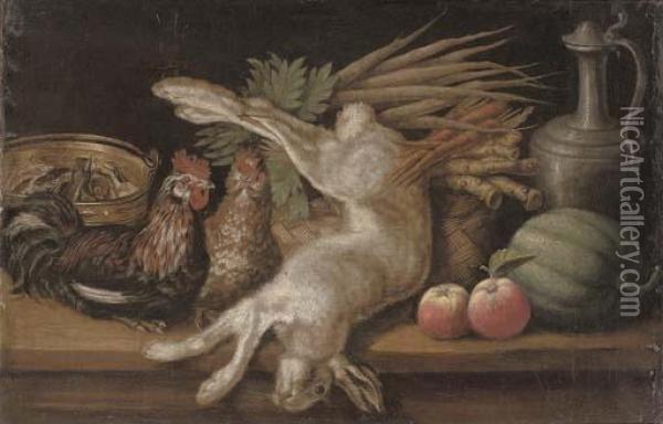 A Dead Hare, Two Hens, Apples, A
 Melon, Carrots And Turnips In A Woven Basket And A Bucket Of Fish On A 
Table Oil Painting - Jacob van der (Giacomo da Castello) Kerckhoven