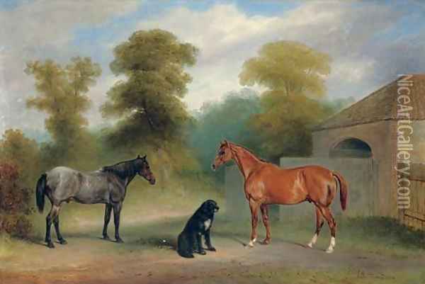 A chestnut hunter with a roan pony and dog before a stable Oil Painting - Claude L. Ferneley