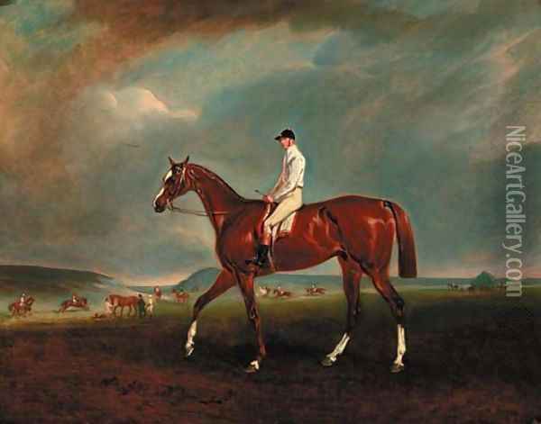 A chestnut racehorse with jockey up, with horses exercising beyond Oil Painting - Claude L. Ferneley
