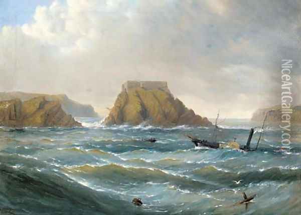A paddle steamer in a heavy swell off a fortified rocky outcrop Oil Painting - Capt. John Haughton Forrest