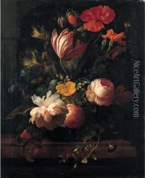 A Still Life Of Roses, Irises, 
Narcissi, Poppies And Various Other Flowers In A Vase On A Stone Ledge Oil Painting - Carl Wilhelm de Hamilton