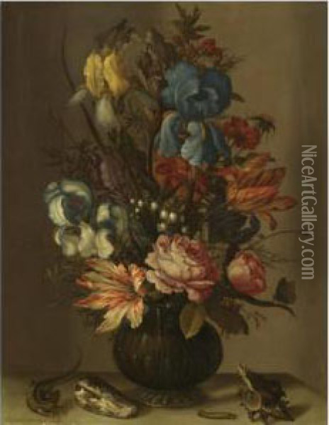 Still Life Of Roses, Tulips, 
Irises, French Marigold, And Lily Ofthe Valley In A Glass Vase, On A 
Ledge, Flanked By Shells, A Lizardand A Caterpillar Oil Painting - Balthasar Van Der Ast