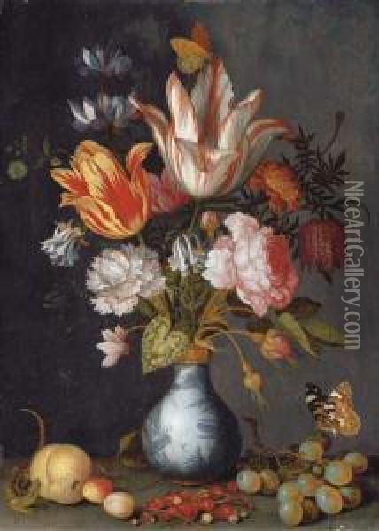 Tulips, A Rose, A Carnation, 
Cyclamen, Snake's Head Fritillary,double Columbine, Rosebuds And 
Marigolds In A Blue And Whitegilt-mounted Porcelain Vase, With A Painted
 Lady Butterfly, Alizard, Grapes, Cherries, Plums And Redcurrants On A 
Ledge Oil Painting - Balthasar Van Der Ast