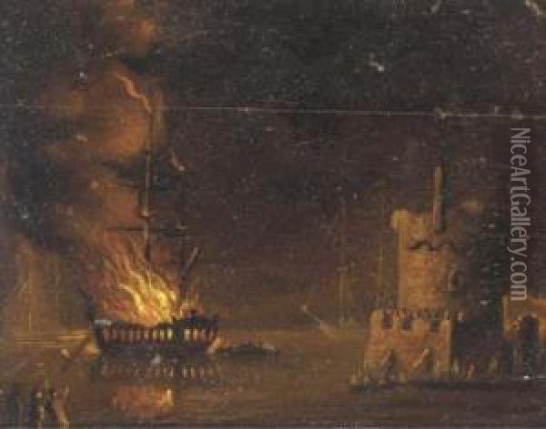 A Ship On Fire, By Night Oil Painting - Adriaen Lievensz van der Poel