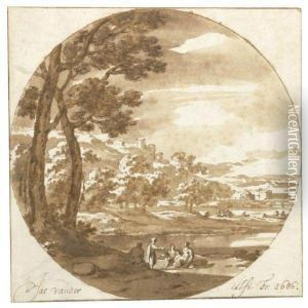 Figures Resting In An Italianate Landscape Oil Painting - Jacob Van Der Ulft