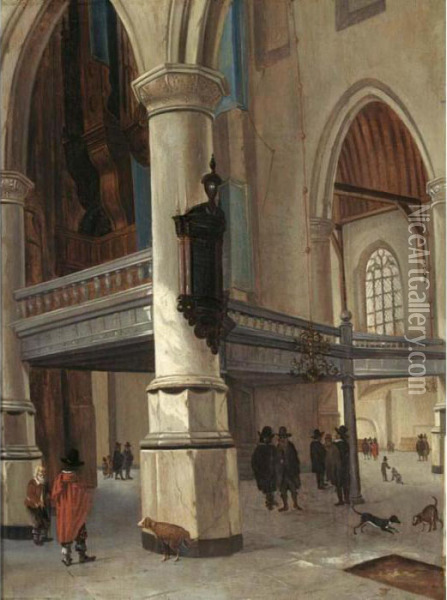 A Church Interior With Figures And Dogs Oil Painting - Hendrick Van Vliet