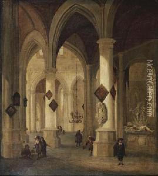 The Interior Of The Oude Kerk, 
Delft, With Peasants And Eleganttownsfolk Near The Funerary Monument Of 
Admiral Maerten Harpertsz.tromp Oil Painting - Hendrick Van Vliet