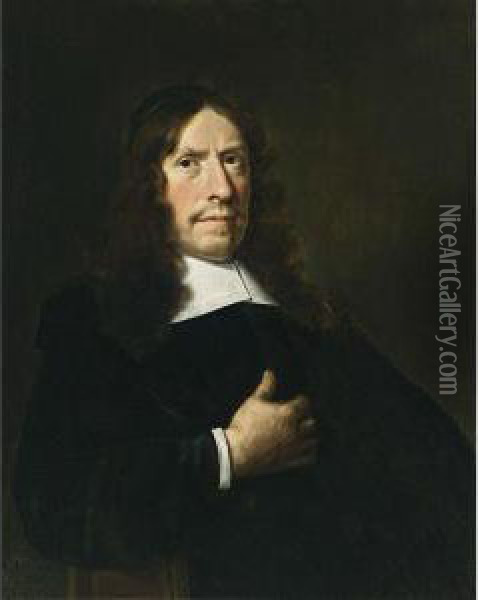 A Portrait Of A Cleric, Aged 65,
 Seated Half Length, Wearing A Black Coat With A White Collar And 
Sleeves And A Black Cap Oil Painting - Hendrick Van Vliet