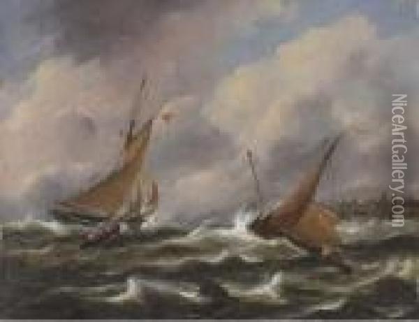 Dutch Fishing Vessels Off A Jetty In Stormy Seas Oil Painting - Govert Van Emmerik