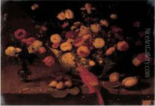 Nature Morte A La Coupe De Fleurs Et Au Perroquet Oil Painting - Jan Iii Van Kessel