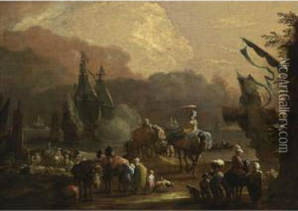 A Mediterranean Harbour Scene 
With Merchants Transporting Their Goods, Muleteers Loading Their Mules, 
Laden Camels Transporting Goods, Together With A Full-rigged Merchantman
 Firing A Salute And Other Vessels And Rowing Boats In The Background Oil Painting - Hendrik van Minderhout