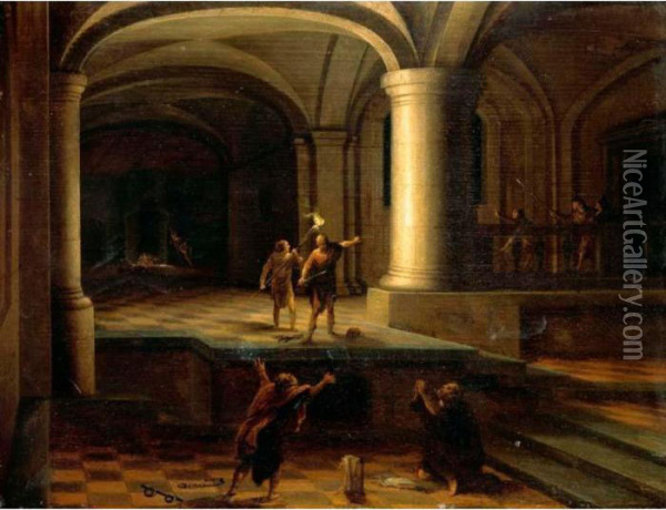 Interior Of A Church Crypt With Figures By Torchlight Oil Painting - Hendrick van, the Younger Steenwyck