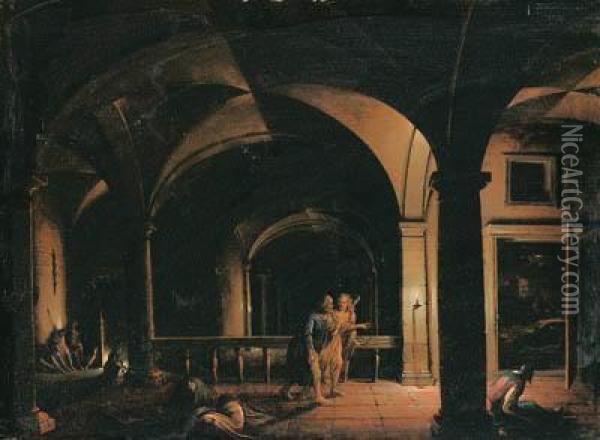 The Interior Of A Crypt With The
 Liberation Of Saint Peter, An Opendoor Leading To A Moonlit Landscape 
Beyond Oil Painting - Hendrick van, the Younger Steenwyck
