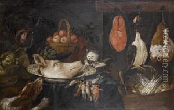 A Dog And Cat Amid A Still Life 
Of Game With A Basket Of Asparagus And Mushrooms In A Kitchen Interior Oil Painting - Adriaen van Utrecht